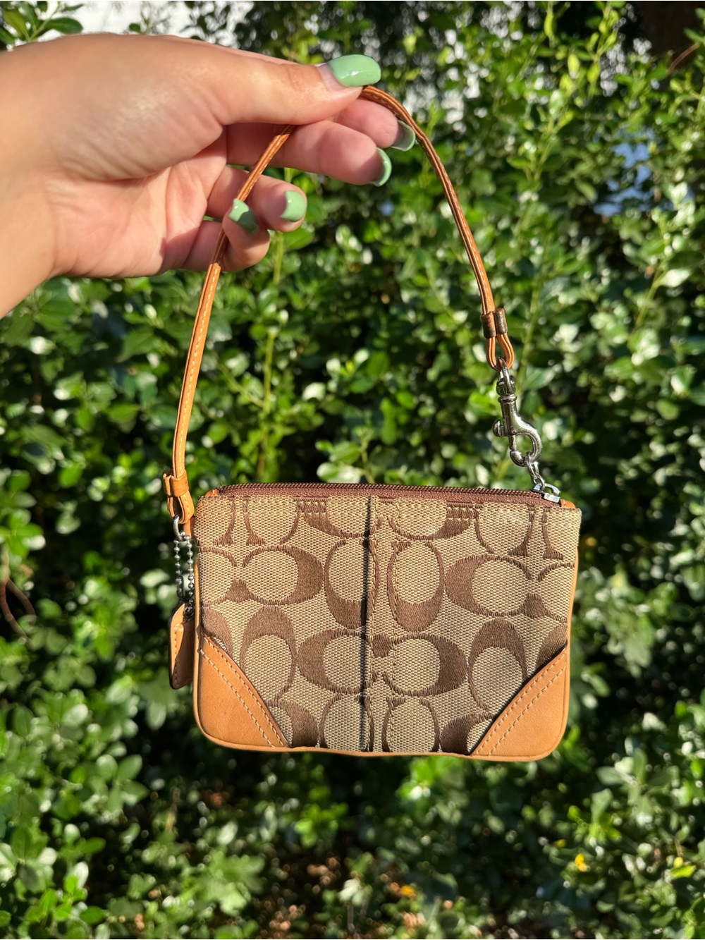 Coach Mini Wristlet in Brown Signature Canvas with Tan Leather Trim